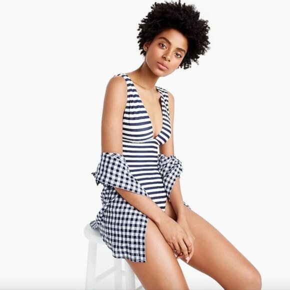 J Crew Plunge V neck One piece Swimsuit in Navy and Ivory Size 0 NWT - Picture 3 of 7
